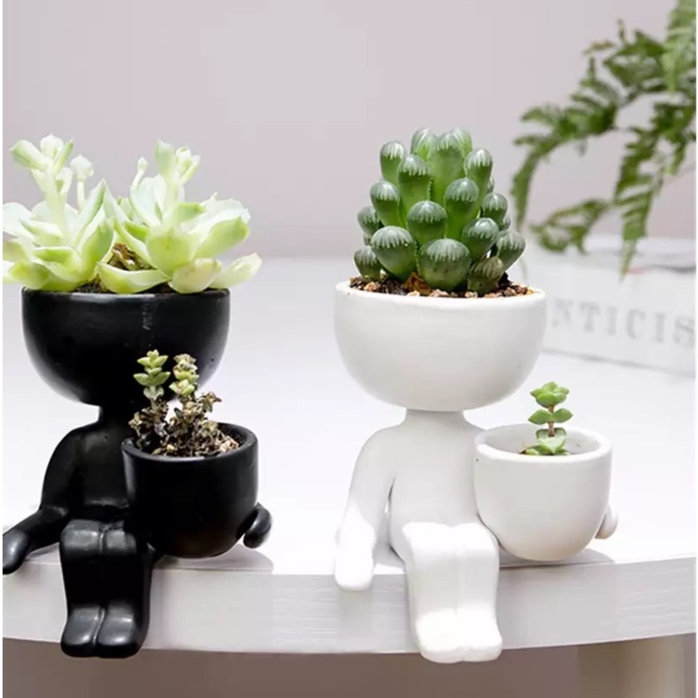 Ceramic plant pot succulent humanoid white home decor